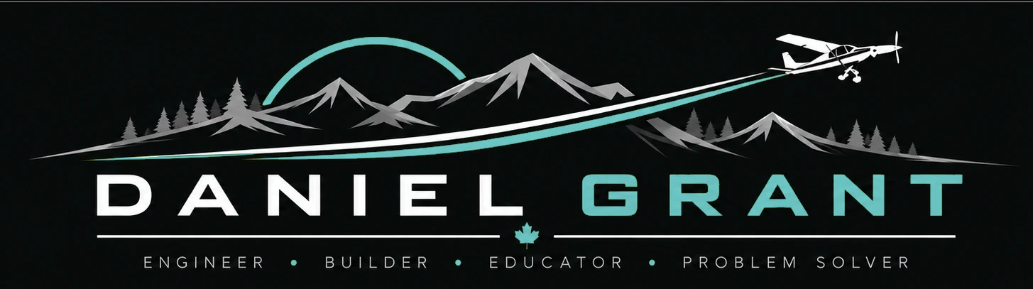 Daniel Grant signature artwork with mountains and a high-wing single-engine airplane